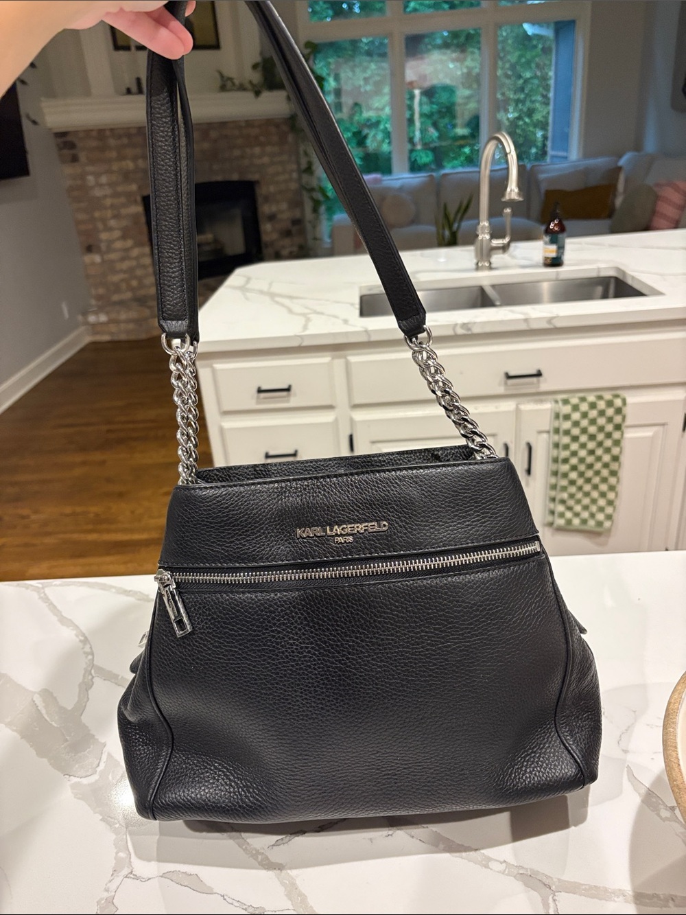 Karl Lagerfeld Black Pebbled Leather Shoulder Bag with Silver Chain